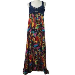 Apple Bottoms Multi Color Maxi Dress Denim Top Fairy Abstract Print Small 2